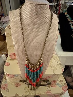 Vintage Boho Fringe Statement Necklace in Turquoise color beads & Coral beads